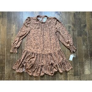 Nine West Long Sleeve Swing Dress NWT Size Medium Brown Black Tiger Stripe Print